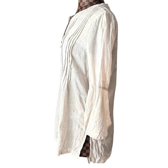 St. Tropez West Linen Blouse Small Pleated Beige 3/4 Bell Sleeve Tunic Shirt Top - Picture 3 of 7